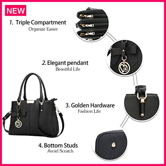 Medium Satchel Purse with 3 Zippered Compartments, Top Handle Shoulder Bag - Picture 4 of 8